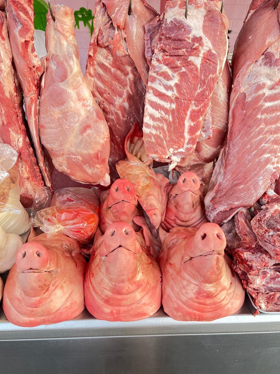 Cabezas de cerdo y productos en exhibición